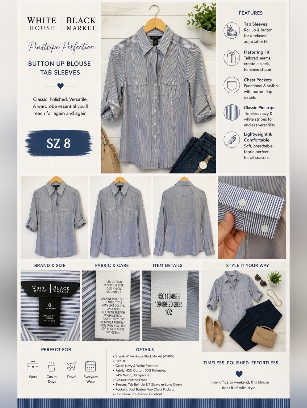 White House Black Market (WHBM) Pinstripe Button-up Shirt Cotton Blend - 8